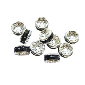 rondel forsølvet m/kant-rhinsten sorte 8mm