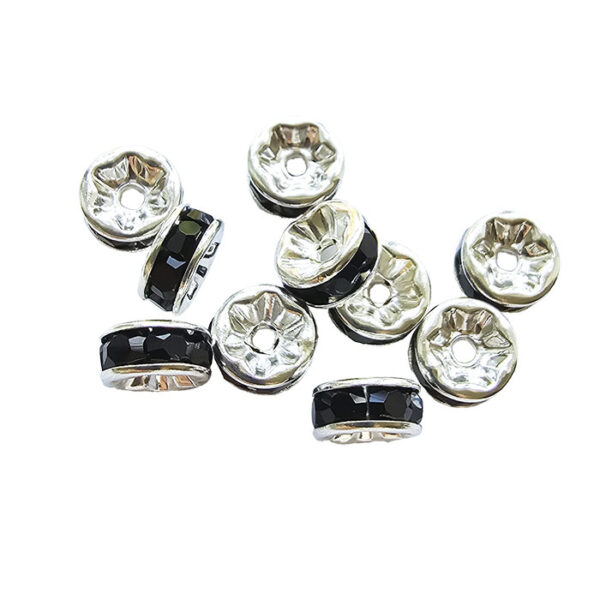 rondel forsølvet m/kant-rhinsten sorte 8mm