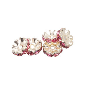 Rondel forsølvet med rhinsten pink 10mm,